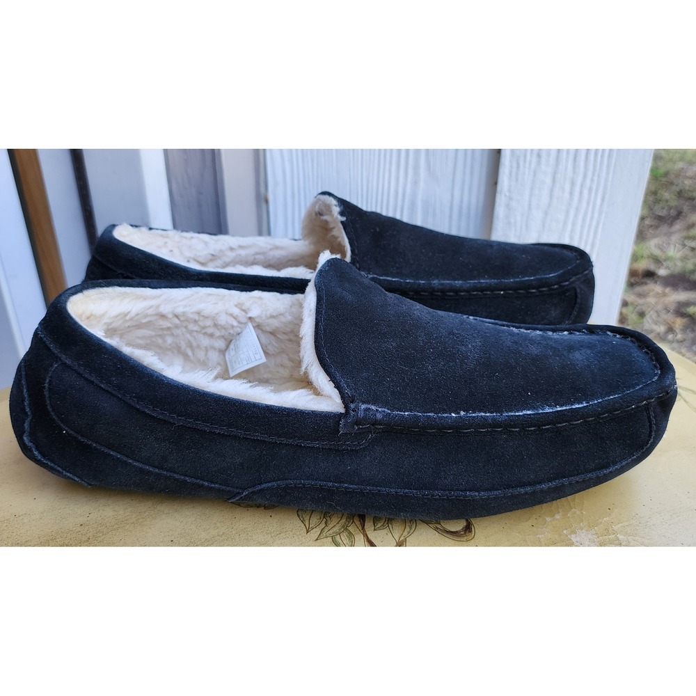UGG Ascot Suede Slippers Plush Wool Sz 16 Loafers Black Driving Cozy Warm Soft
